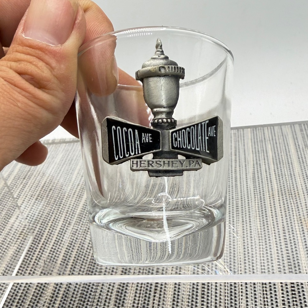 Hershey PA Shot Glass Cocoa Chocolate Ave Street Sign Pewter Emblem Souvenir USA
